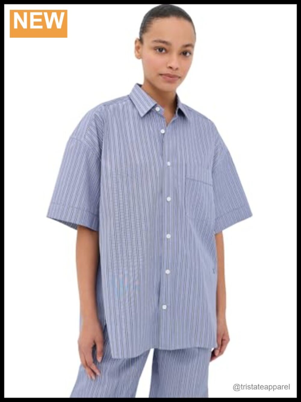 Striped Short Sleeve Button Down Shirt Women's Cotton Poplin Curved Hem